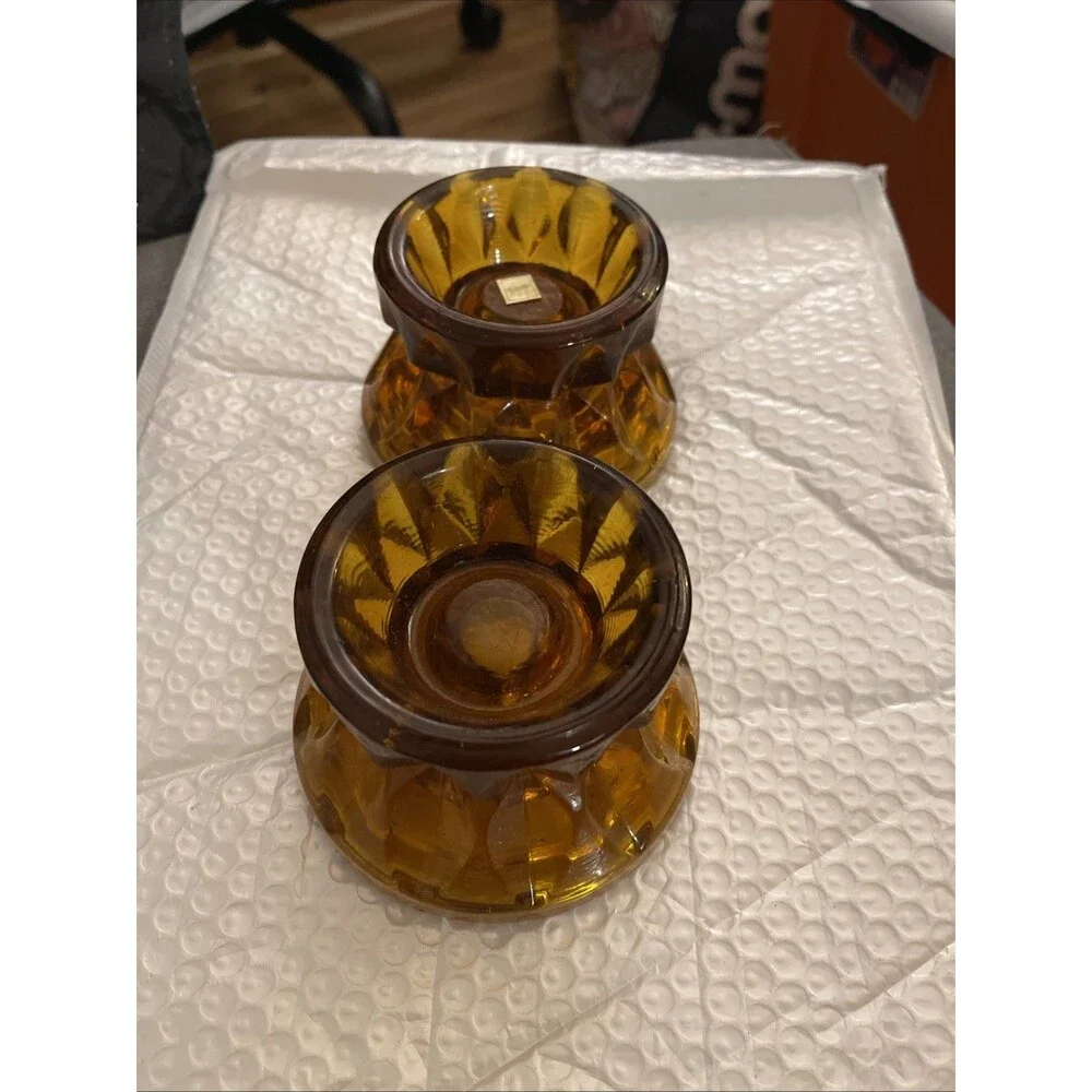 Vintage Antique Amber Glass Pedestal MULTI TYPE Candle Holder -Orig Sticker